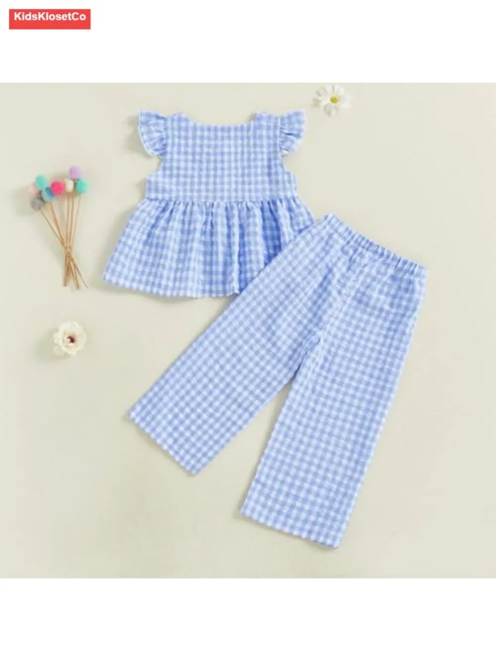 Girls Summer Outfit Set Ruffle Sleeve Button Up Top Plaid Pants Toddler Clothes